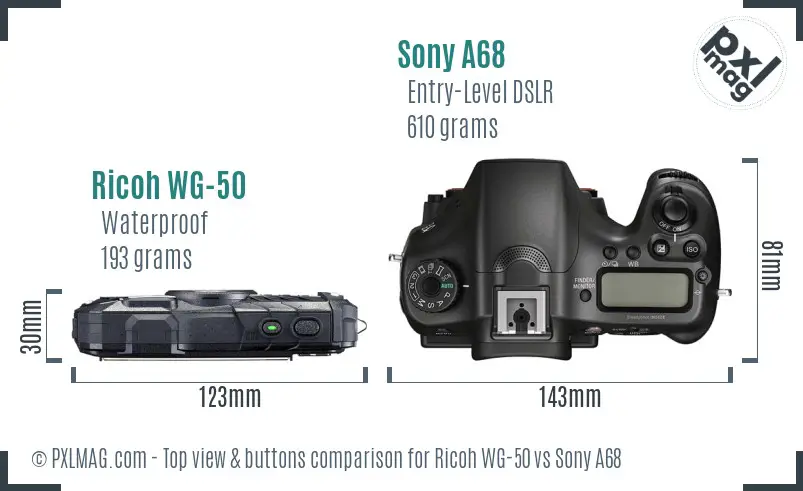 Ricoh WG-50 vs Sony A68 top view buttons comparison