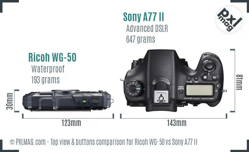 Ricoh WG-50 vs Sony A77 II top view buttons comparison