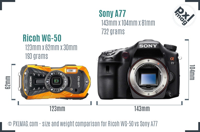 Ricoh WG-50 vs Sony A77 size comparison