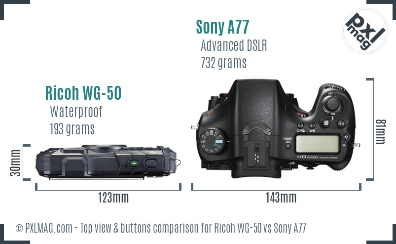 Ricoh WG-50 vs Sony A77 top view buttons comparison