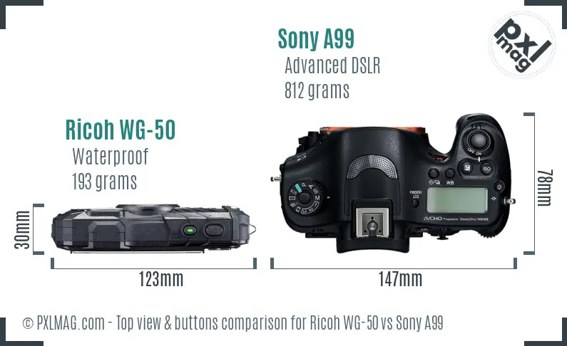 Ricoh WG-50 vs Sony A99 top view buttons comparison