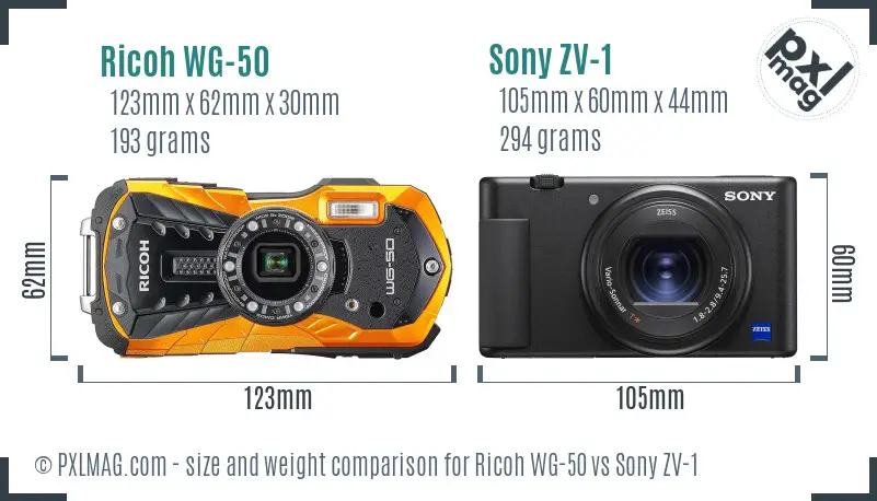 Ricoh WG-50 vs Sony ZV-1 size comparison
