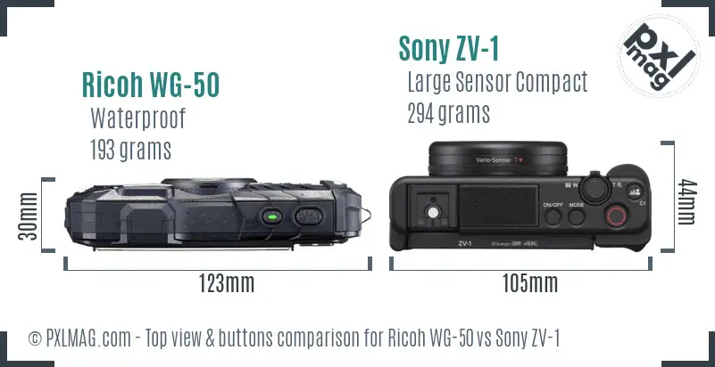 Ricoh WG-50 vs Sony ZV-1 top view buttons comparison