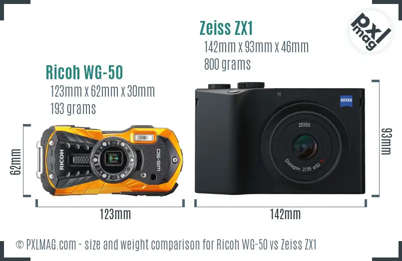 Ricoh WG-50 vs Zeiss ZX1 size comparison