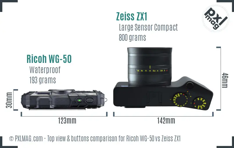 Ricoh WG-50 vs Zeiss ZX1 top view buttons comparison