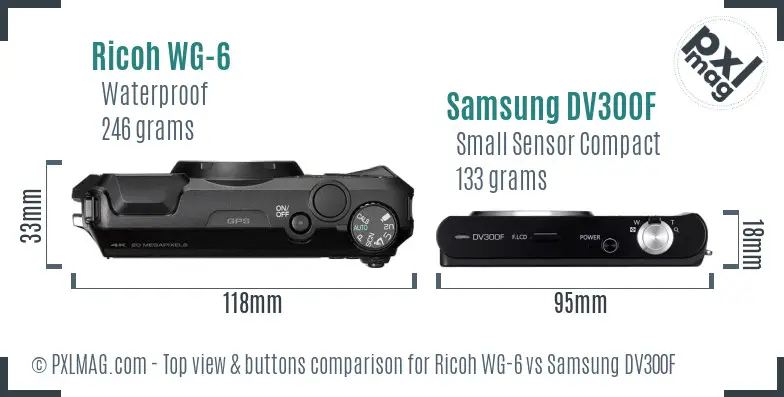 Ricoh WG-6 vs Samsung DV300F top view buttons comparison