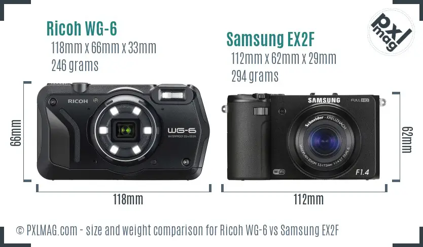 Ricoh WG-6 vs Samsung EX2F size comparison