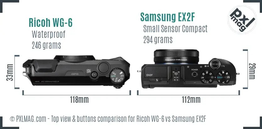 Ricoh WG-6 vs Samsung EX2F top view buttons comparison