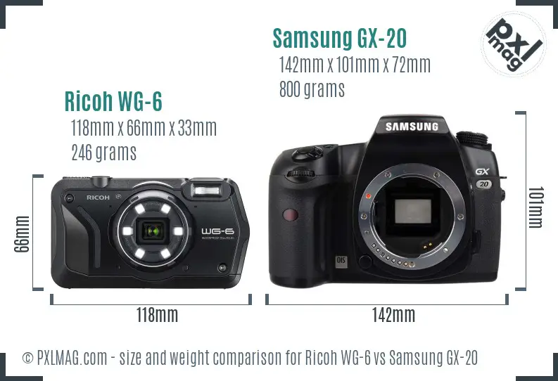 Ricoh WG-6 vs Samsung GX-20 size comparison