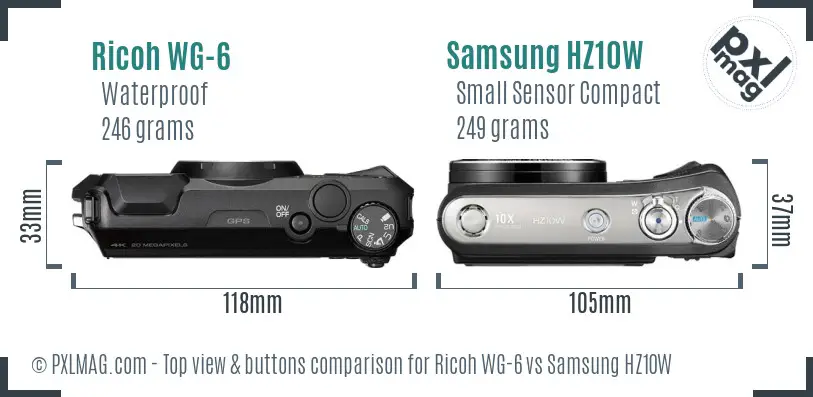 Ricoh WG-6 vs Samsung HZ10W top view buttons comparison
