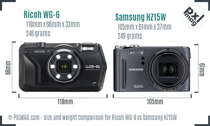 Ricoh WG-6 vs Samsung HZ15W size comparison