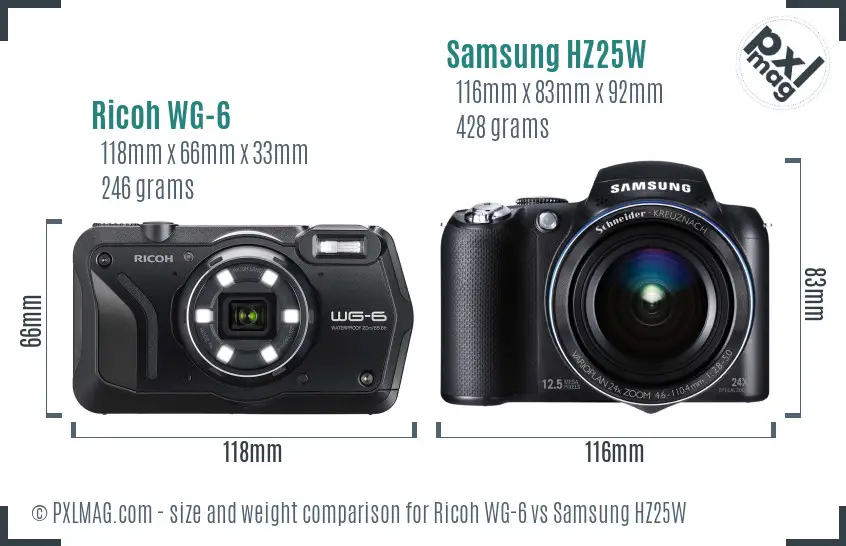 Ricoh WG-6 vs Samsung HZ25W size comparison