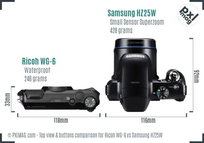 Ricoh WG-6 vs Samsung HZ25W top view buttons comparison