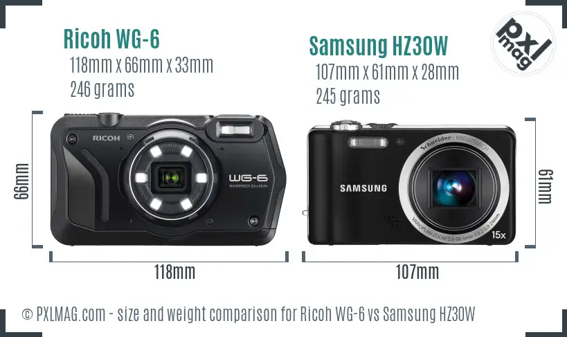 Ricoh WG-6 vs Samsung HZ30W size comparison