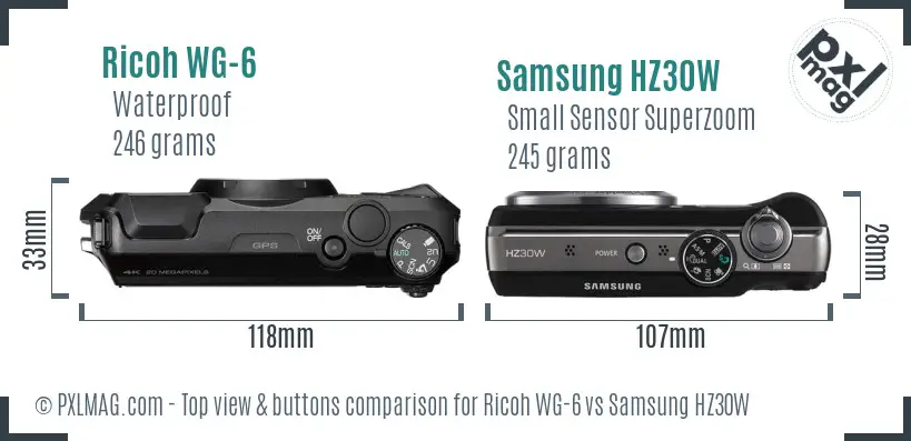 Ricoh WG-6 vs Samsung HZ30W top view buttons comparison