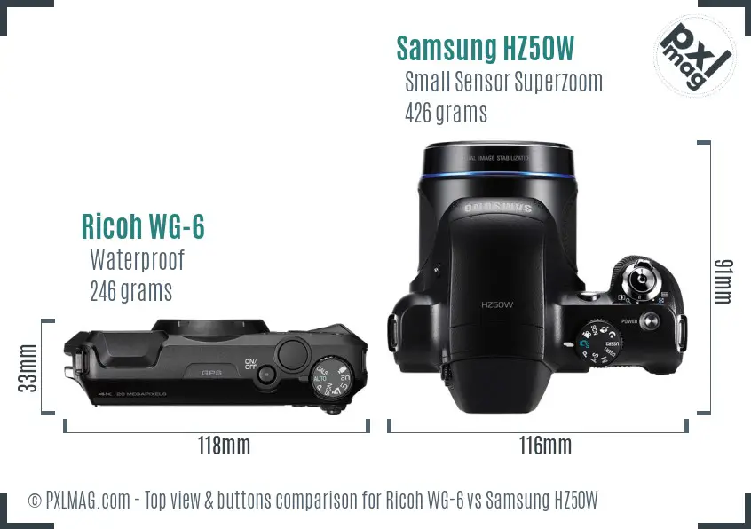 Ricoh WG-6 vs Samsung HZ50W top view buttons comparison