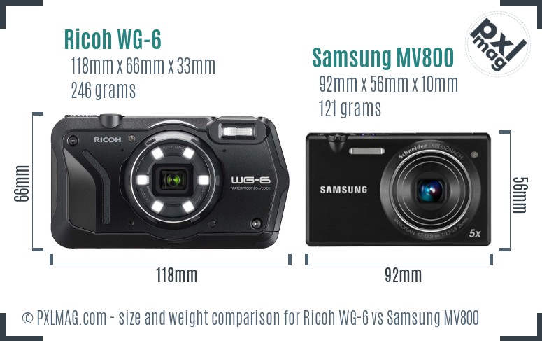 Ricoh WG-6 vs Samsung MV800 size comparison