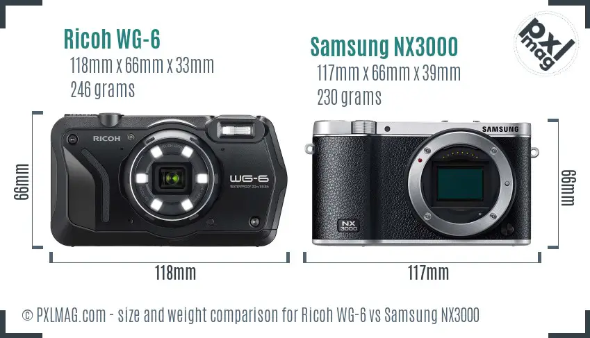 Ricoh WG-6 vs Samsung NX3000 size comparison