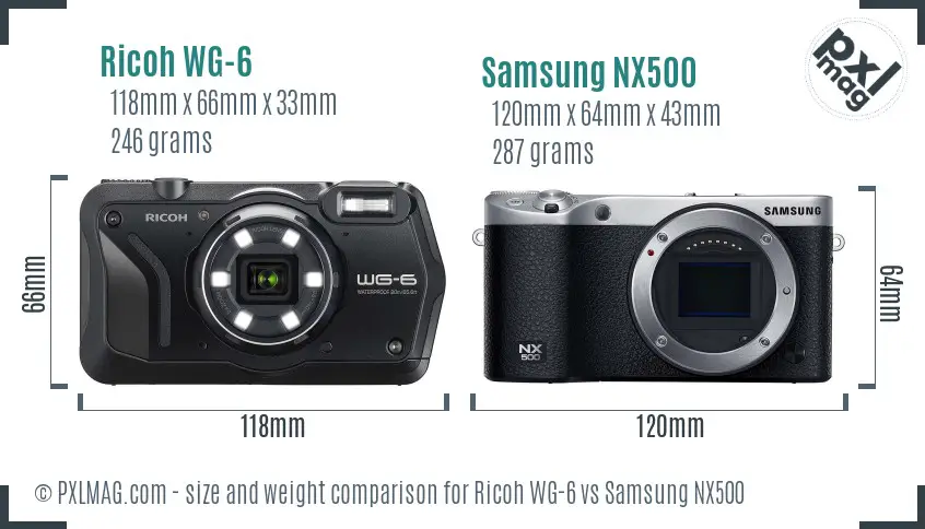 Ricoh WG-6 vs Samsung NX500 size comparison