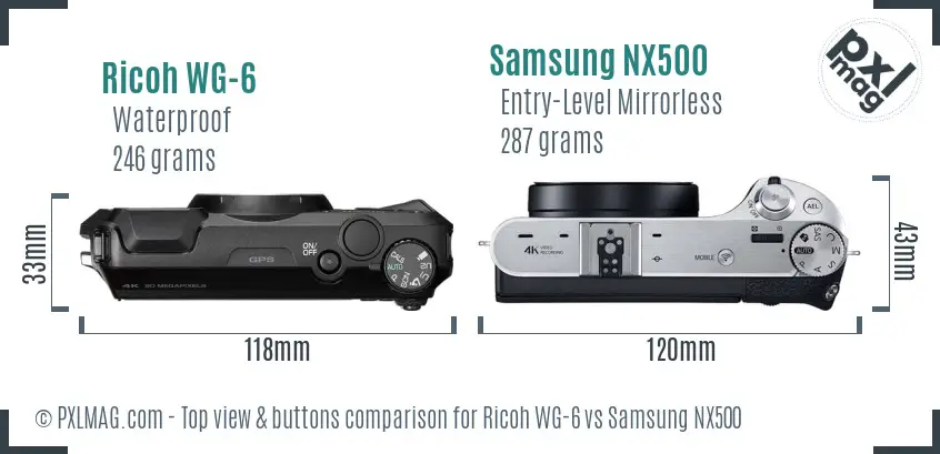 Ricoh WG-6 vs Samsung NX500 top view buttons comparison