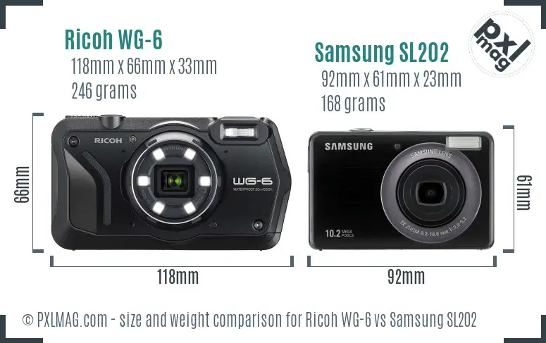 Ricoh WG-6 vs Samsung SL202 size comparison