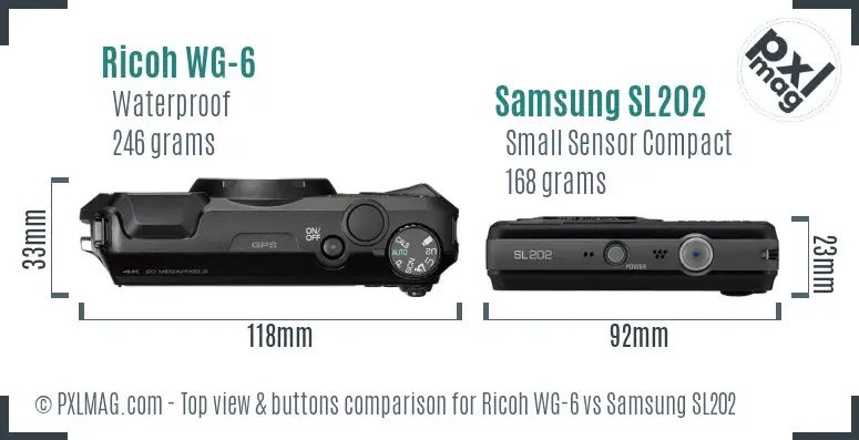 Ricoh WG-6 vs Samsung SL202 top view buttons comparison