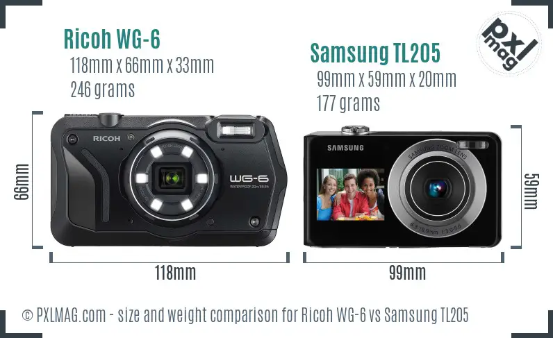 Ricoh WG-6 vs Samsung TL205 size comparison
