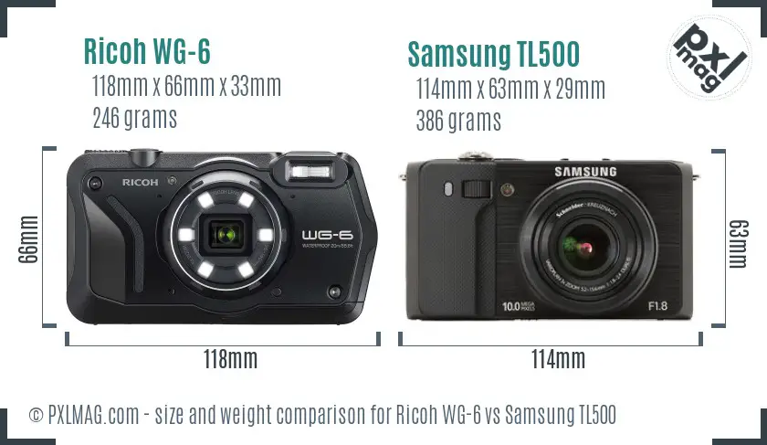 Ricoh WG-6 vs Samsung TL500 size comparison