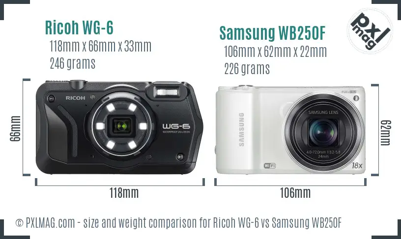 Ricoh WG-6 vs Samsung WB250F size comparison