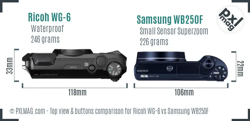 Ricoh WG-6 vs Samsung WB250F top view buttons comparison