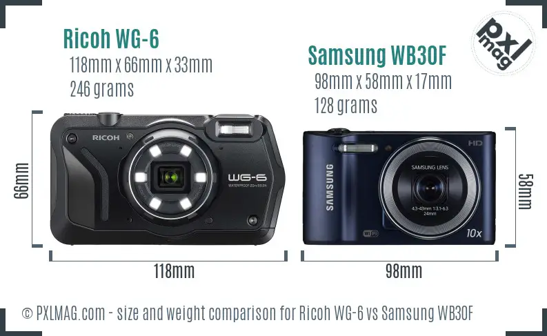 Ricoh WG-6 vs Samsung WB30F size comparison