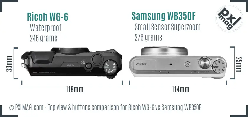 Ricoh WG-6 vs Samsung WB350F top view buttons comparison