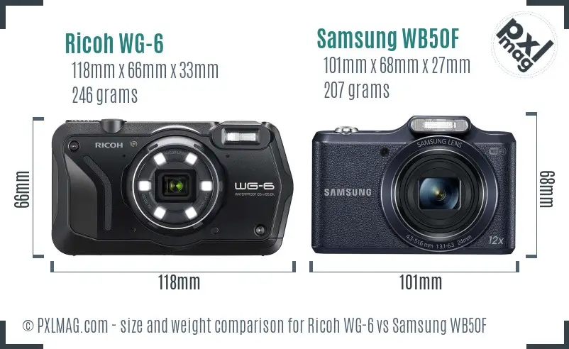 Ricoh WG-6 vs Samsung WB50F size comparison