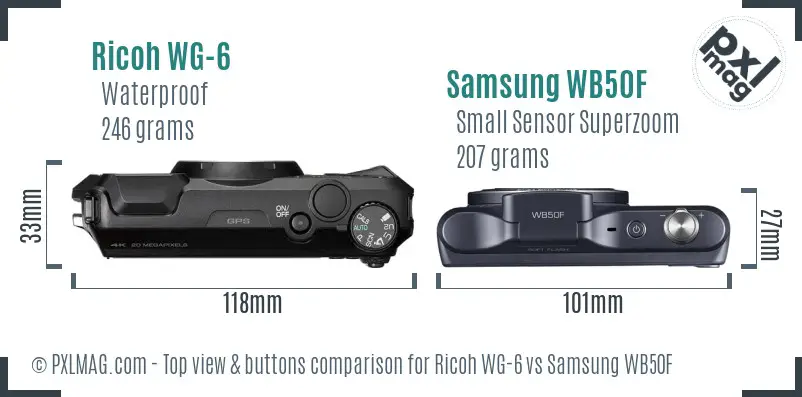 Ricoh WG-6 vs Samsung WB50F top view buttons comparison