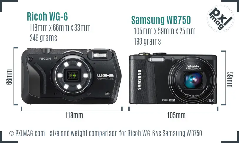 Ricoh WG-6 vs Samsung WB750 size comparison