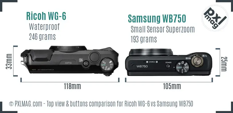 Ricoh WG-6 vs Samsung WB750 top view buttons comparison