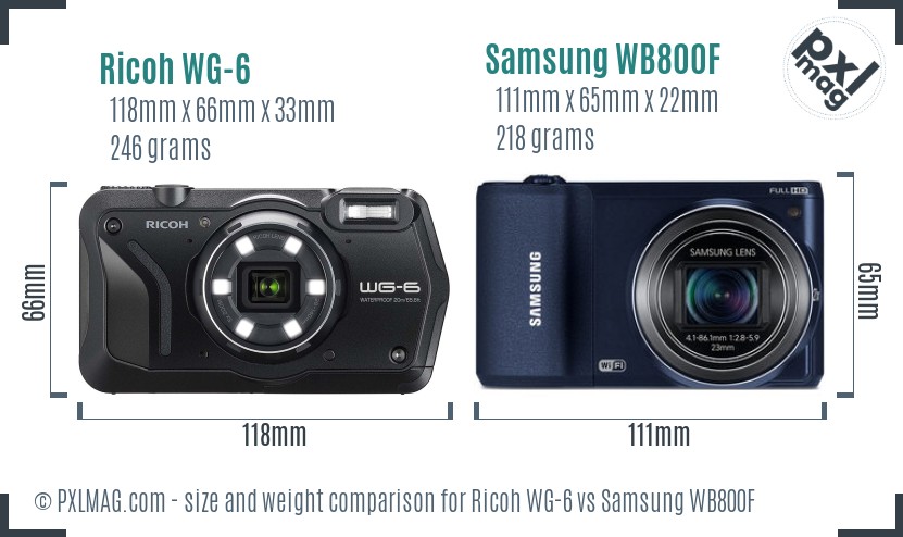 Ricoh WG-6 vs Samsung WB800F size comparison