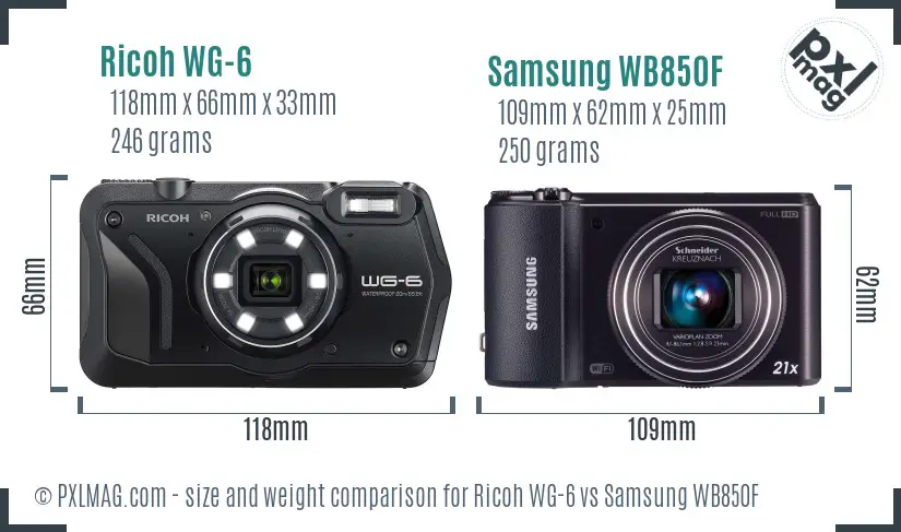 Ricoh WG-6 vs Samsung WB850F size comparison