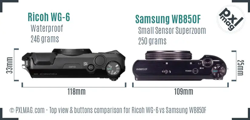 Ricoh WG-6 vs Samsung WB850F top view buttons comparison