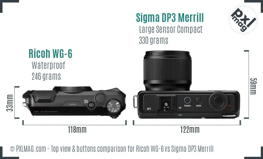 Ricoh WG-6 vs Sigma DP3 Merrill top view buttons comparison