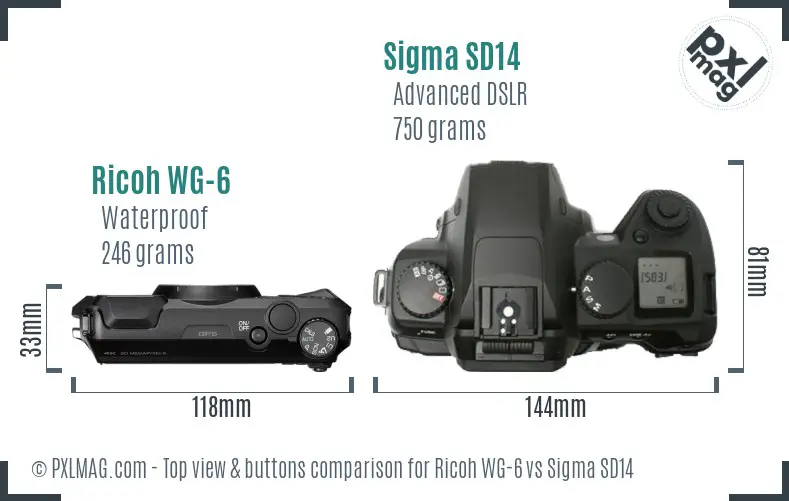 Ricoh WG-6 vs Sigma SD14 top view buttons comparison