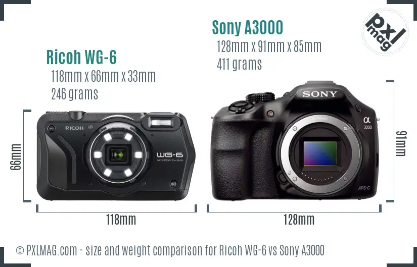 Ricoh WG-6 vs Sony A3000 size comparison