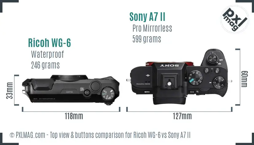 Ricoh WG-6 vs Sony A7 II top view buttons comparison