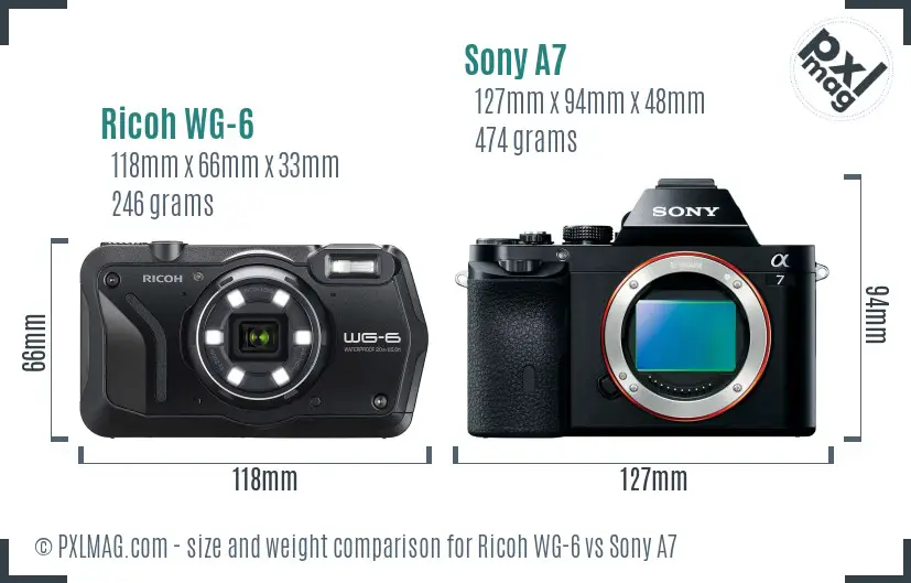 Ricoh WG-6 vs Sony A7 size comparison