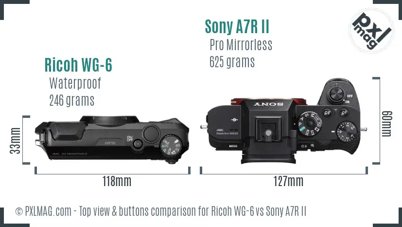 Ricoh WG-6 vs Sony A7R II top view buttons comparison