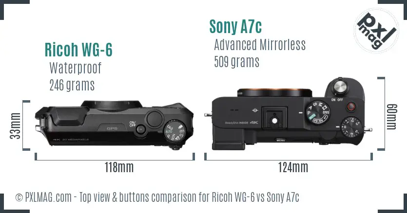 Ricoh WG-6 vs Sony A7c top view buttons comparison