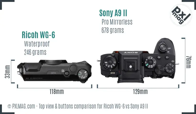 Ricoh WG-6 vs Sony A9 II top view buttons comparison