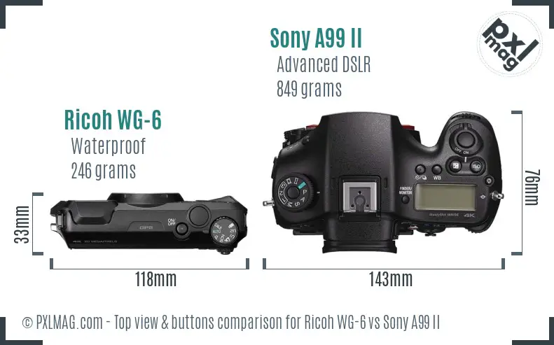 Ricoh WG-6 vs Sony A99 II top view buttons comparison