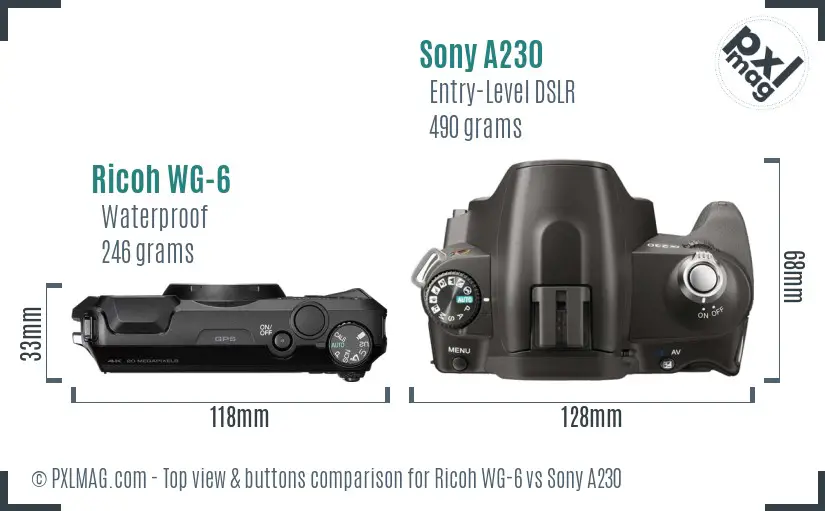 Ricoh WG-6 vs Sony A230 top view buttons comparison Ricoh WG-6 vs Sony A230 top view buttons comparison