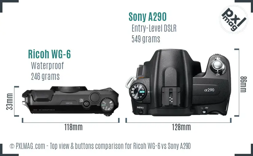Ricoh WG-6 vs Sony A290 top view buttons comparison